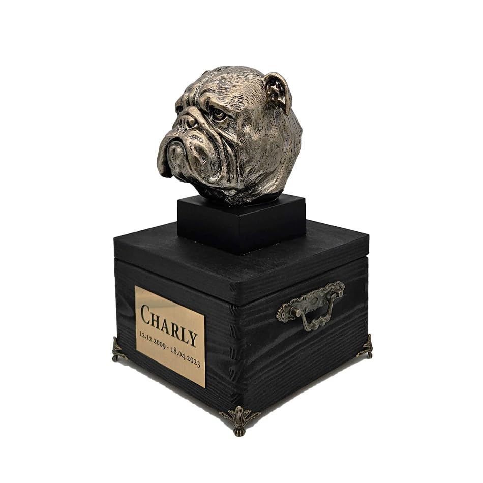 Hundeurne Englische Britische Bulldogge Holz mit Statue Gravur Bronze Skulpturen Tierstatuetten Gedenkstein