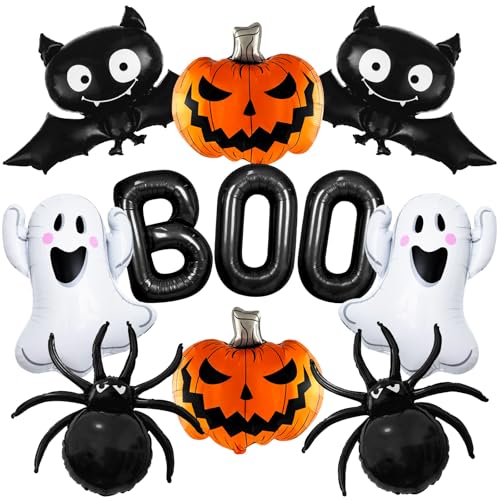 11PCS Halloween Party Balloons Decorations, Cute Ghost Bat Spider Pumpkin Mylar Balloon Halloween Black BOO Foil Balloons for Birthday Baby Shower Trick or Treat Party Decor