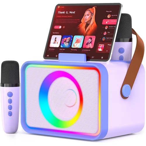 Karaoke Machine with 2 wireless mics & LED lights, portable bluetooth speaker