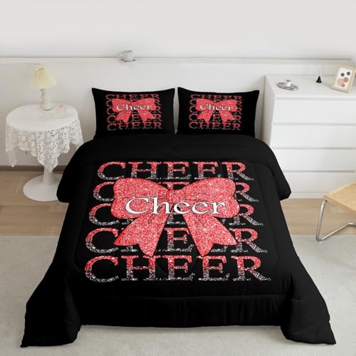 Image of Feelyou Cheer Bow Comforter Set All Season Cheerleader Bedding Set with 1 Pillow Cases Funny Sport Microfiber Kids Toddler Bedclothes Red Bedroom Decor Duvet Quilt Breathable Soft Lightweight