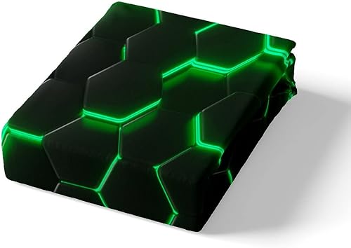 Miniatura 4 de Funda de edredón de panal tamaño individual, diseño geométrico hexagonal con luces de neón verdes, para niños, adolescentes y hombres, funda de
