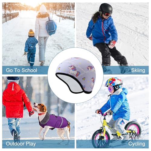Risipu Kinder Helmmütze Warme Wintermütze Futter für Fahrradhelm Ski Skull Cap mit Ohrenschutz Elastische Mütze für Jungen Mädchen (Einheitsgröße, Blau - Einhorn)