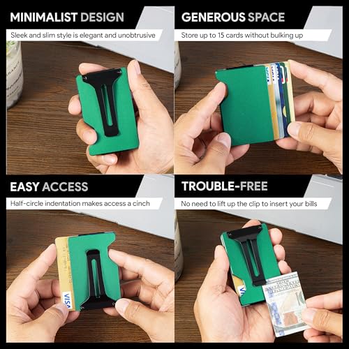 Image of Minimalist Wallet for Men, Slim Metal RFID Blocking Wallet Credit Card Holder Money Clip & Cash Strap, Scratch-Resistant Holds 15 Cards,Ideal Gift for Men | Matte Forest Green