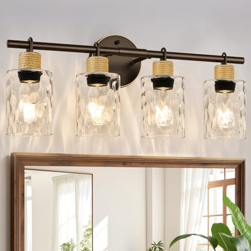 Image of MOKATNG Bathroom Light Fixtures, 4-Light Coastal Vanity Lights with Crystal Glass Shade, Oil-Rubbed Bronze Bathroom Wall Lamp for Mirror Kitchen Hallway Cabinet