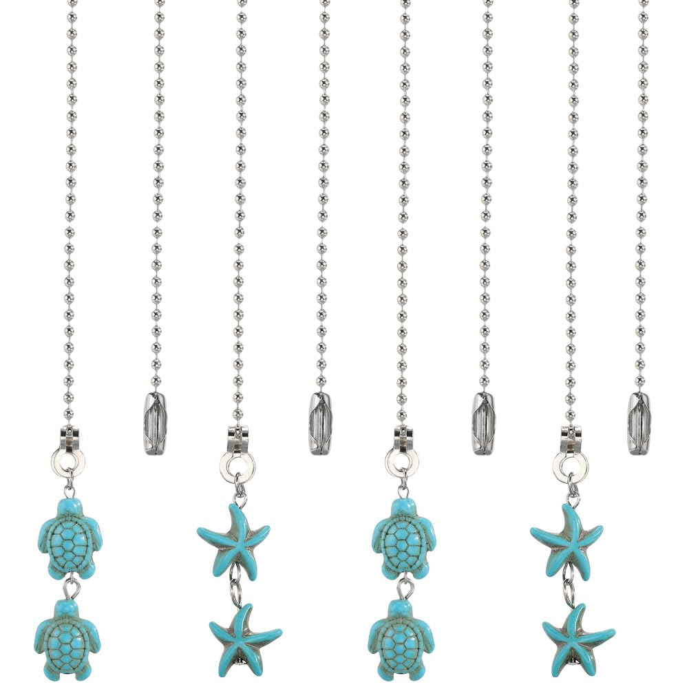 CRASPIRE 12Pcs Starfish Ceiling Fan Pull Chain 2 Styles Synthetic Turquoise 14.57 Inch Summer Ocean Sea Turtle Hanging Pendant Ball Chain Dangler Extender Ornament for Ceiling Fan Light Lamp Decor
