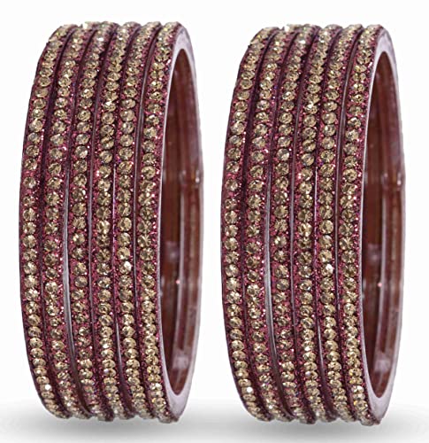 Image of NMII Glass with Zircon Gemstone and Beads Studdded Glossy Finished Traditional Bangle Set For Women and Girls