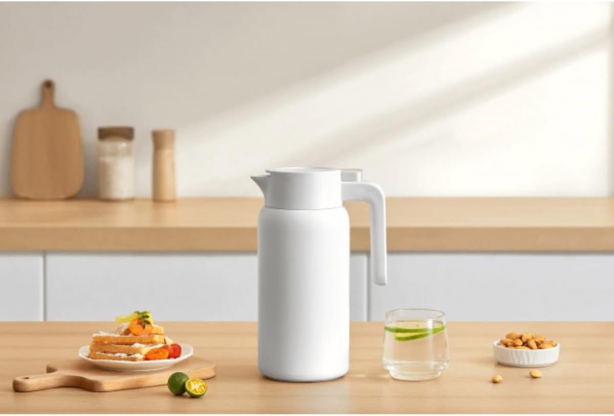 Xiaomi Insulated Kettle on a kitchen counter with snacks