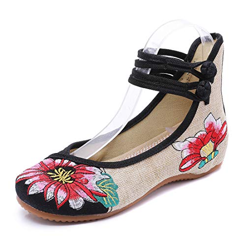 Qhome Womens Rubber Sole Floral Embroidered Weave Bride Flats Mary Jane Canvas Shoes
