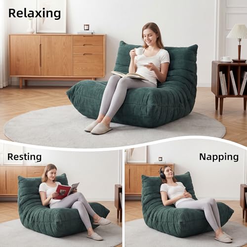 Image of Bean Bag Loveseat for Adults, 51.18 inch Double Floor Lounge Sofa with Reinforced Armrests, 30D High-Density Foam Support, Premium 450G Velvet Soft Seating for Living Room & Bedroom, Dark Green