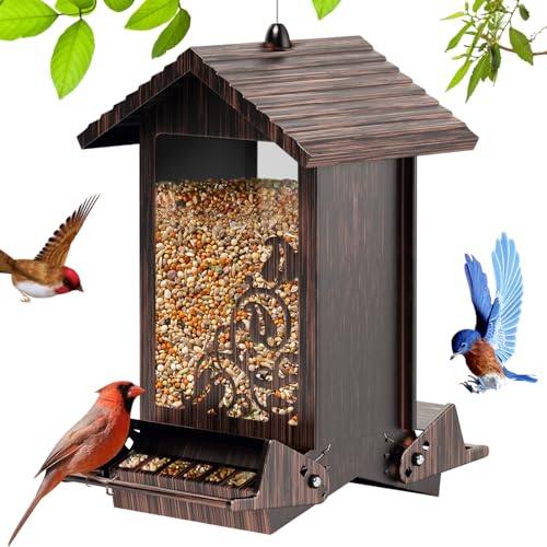 Squirrel Proof Bird Feeder for Outdoor Hanging,Metal Bird Seed Feeder with Bilateral Weight Activated Perches,5LB Large Capacity Wild Bird Feeders for Outside,Easy Refill and Clean,Brown