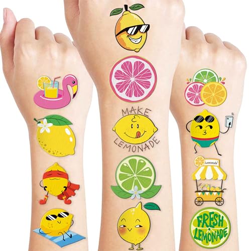 96 PCS Lemon Pre-Cut Temporary Tattoos for Kids | Super Cute Themed Birthday Party Favors, Supplies, Decorations, Funny Lemonade Lime Fake Tattoo Stickers, School Prizes & Gifts Boys & Girls & Rewards