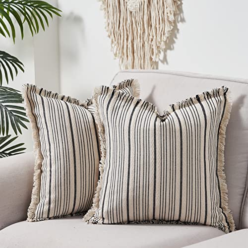 Topfinel Farmhouse Stripes Throw Pillow Covers With Tassel Set Of 2 18X18, Modern Accent Decorative Fringed Cushion Covers, Black And White Boho Textured Linen Pillowcases For Couch Bedroom Decor #TOP21