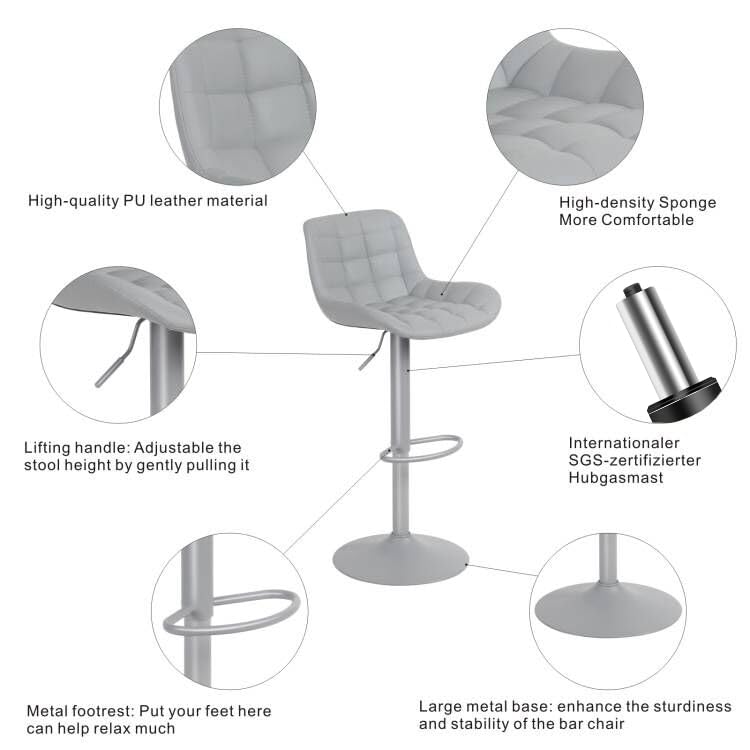 YOUTASTE Bar Chairs Set of 2 Kitchen Bar Stool Adjustable Height Swivel Barstools with Back PU Leather Modern Dinning Chair for Breakfast Counter Grey