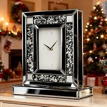 SHYFOY Luxury Crystal-Embedded Mirrored Table Clock, Elegant Decorative Clock with Roman Numerals for Home & Office, Silver Glam Desk Clock Home Decor