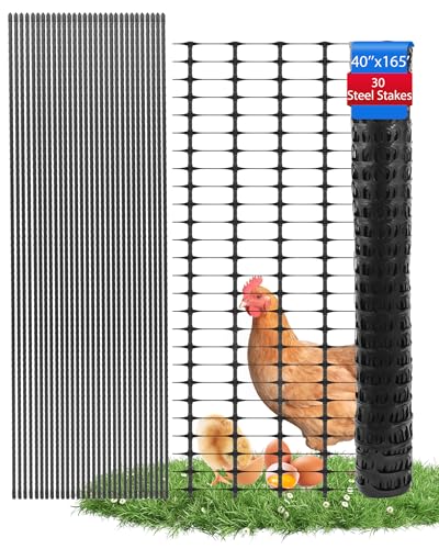 Ezcasch Garden Fence Animal Barrier, Snow Fence Temporary Fence Kit 40 in X 164 Ft, Plastic Safety Fence with 30 45-Inch Steel Stakes and 200 Zipper, Garden Fencing Temporary Fencing for Backyard