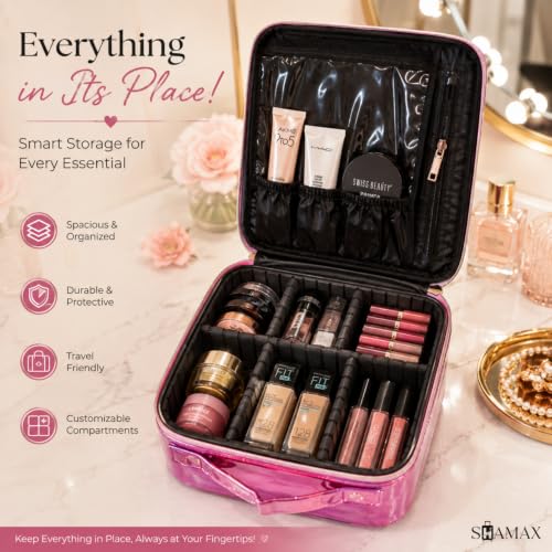 Image of SHAMAX Professional Makeup Case Organizer Bag for Women, Travel Cosmetic Kit Vanity Box with Adjustable Dividers, Portable Beauty Makeup Organiser & Cosmetic Travel Pouch | (Holographic Pink)