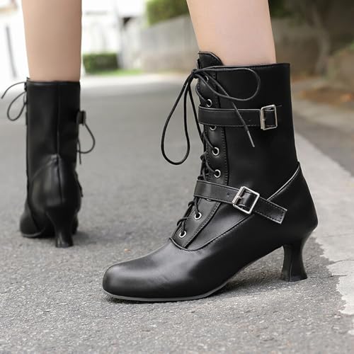 Alyaafifa Lace Up Ankle Boots for Women Kitten Heel 2 Inch Closed Round Toe Vintage Victorian Gothic Booties with Zipper Matte Leather Low Heel Short Fall Boots Comfortable Trendy3