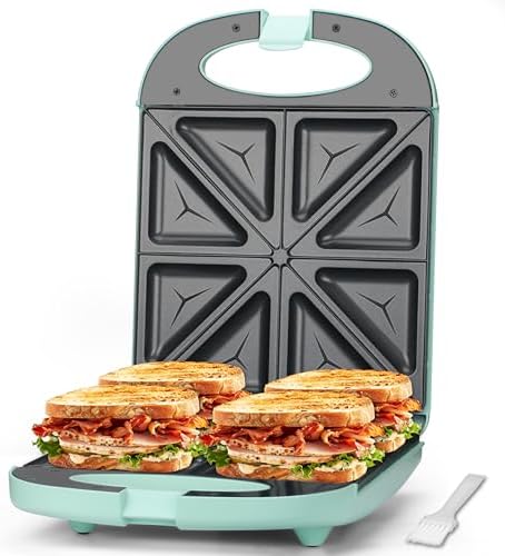 Baker’s Friend Breakfast Sandwich Maker, 4 Slices of Panini Grill Press Sandwich Maker, Electric Sandwich Maker with Indicator Light, Grill Cheese & Egg Muffin Sandwich Maker, Aqua