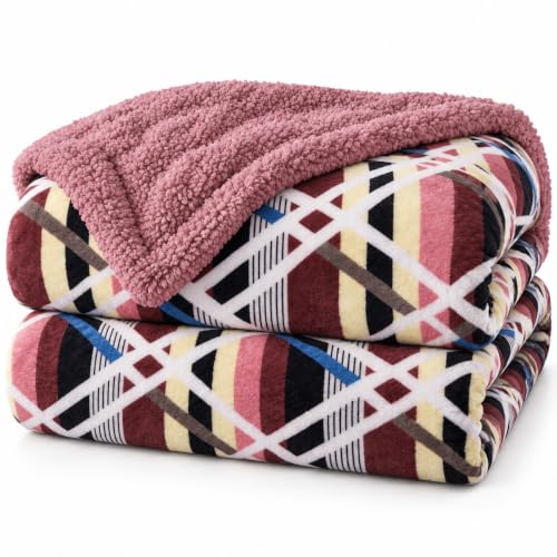 Image of BSB HOME Premium Flannel Fleece Blanket with Sherpa Reverse, 280 GSM Soft Plush Reversible Floral Blanket, Warm Cozy Winter Blanket for Bed, Sofa & Couch, 90 x 100 Inches (228 x 254 cm) - Blue & Red