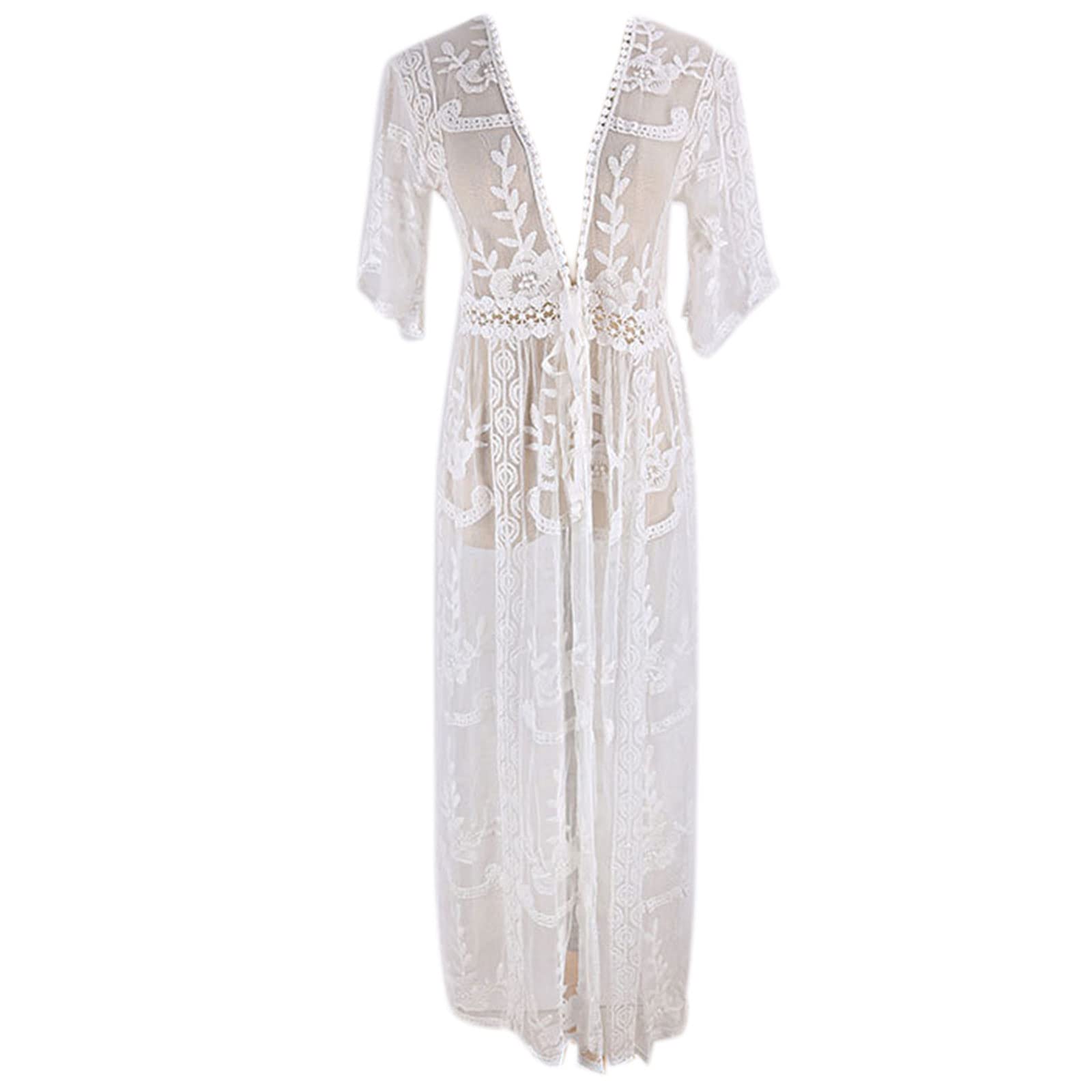 Cardigan da donna in pizzo floreale all'uncinetto, copricostume da spiaggia lungo kimono da spiaggia camicia da notte per tutti i giorni in spiaggia party caftani per loungewear costume da bagno