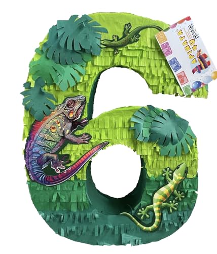 20” Tall Lizards Theme Number Six Piñata | Green Color Iguana Design, Perfect for 6th Birthday Party, Handcrafted, Durable and Fun Party Decoration for Kids