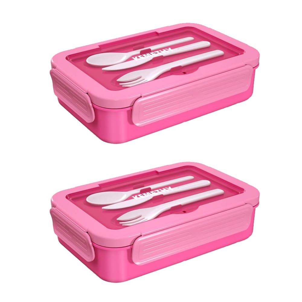 Bento Lunch Box for Kids(2 Pack), 4 Compartment Lunch Boxes Kids, Cutlery Storage Built-in Utensil Set, Leak-proof, Thicken, Microwave/Dishwasher/Freezer Safe, BPA-Free, Pink