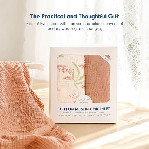 Image of GRSSDER 100% Cotton Muslin Crib Sheet 2 Pack - Breathable & Ultra-Soft Fitted Crib Sheets for Standard Baby & Toddler Mattresses, 52 inchx28 inch with 9 inch Deep Pocket, Snug Fit All-Around Elastic