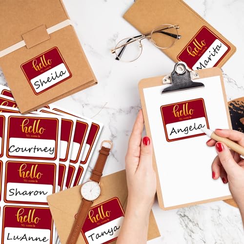 Image of 180 PCS Hello My Name is Name Tag, Gold Foil Name Tags Sticker, 2.5 x 3 Inch Large Name Labels, Red Adhesive Name Tag Labels for Business, Party - Office, School, Home