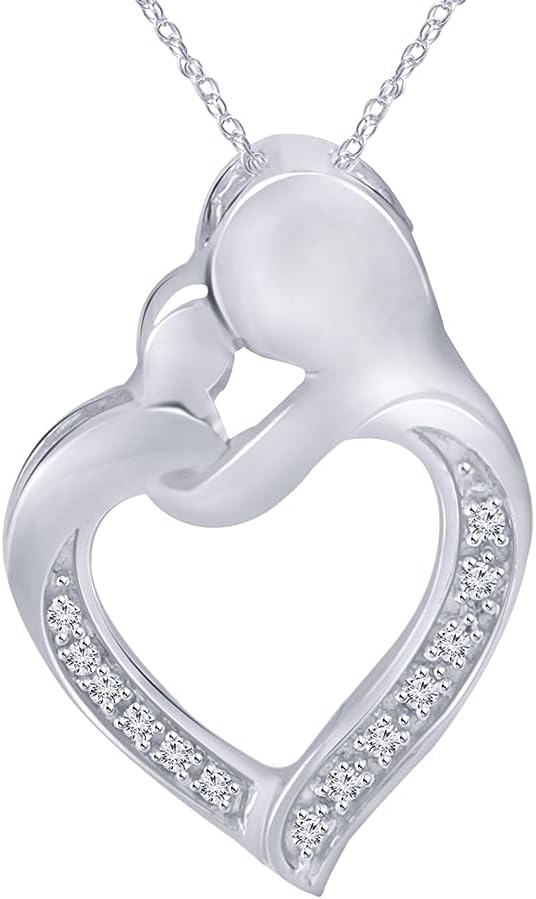 Pretty Jewels0.10CT Genuine Diamonds 925 Sterling Silver Mom & Child Heart Pendant W/ 18" Chain (I1-I2)