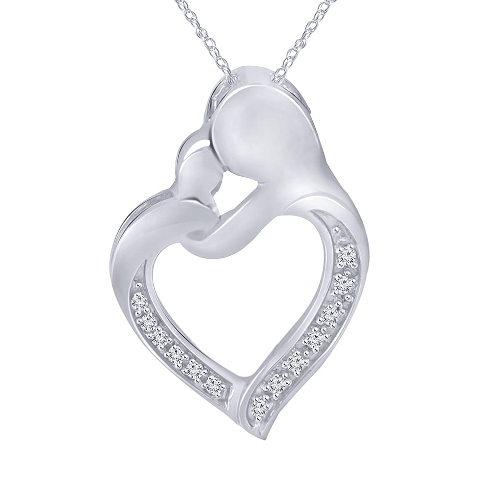 Pretty Jewels0.10CT Genuine Diamonds 925 Sterling Silver Mom & Child Heart Pendant W/ 18" Chain (I1-I2)
