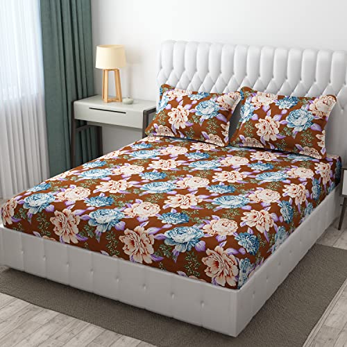 Image of Fitzy 280 TC Fitted Bedsheet King Size, Elastic Bedsheet, 72x78 + 12 Inches Drop,with 2 Pillow Covers (CreamBrown-Flower)