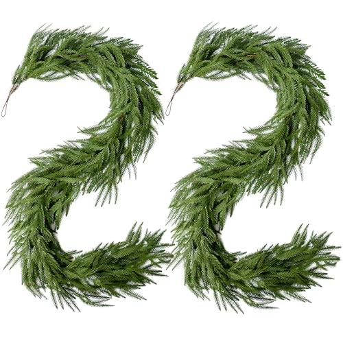 2Pcs Christmas Norfolk Pine Garlands, 6Ft Real Touch Artificial Faux Winter Dense Greenery Garland for Table Mantle Fireplace Wall Fence Stair Window Xmas Wreath Indoor Outdoor Holiday Decoration