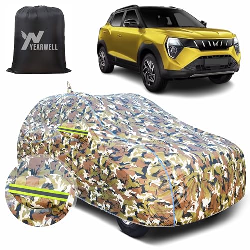 Image of Car Body Cover for Mahindra XUV 3XO, 100% Waterproof, Heat-Resistant with Mirror & Antenna Pockets, Soft Cotton Lining, Triple Stitched, Green Reflector (Jungle Print)