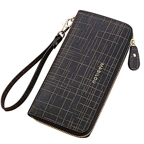 Wallet for Women Wristlet Large Cell Phone Wallet Case Pocket Long Card Holder Coin Purse Bifold RFID Blocking Zipper Clutch Handbag Leather Travel Evening Bag Gifts for Girls Ladies (Black 01)