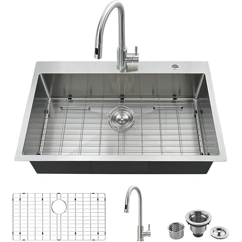 33 x 22 Drop In Kitchen Sink and Faucet Combo Set-VASOYO Stainless Kitchen Sinks Drop In Topmount Stainless Steel Deep Single Bowl Overmount Sink with Faucet