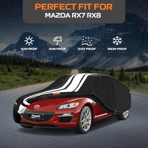 Image of Kayme Heavy Duty Car Cover Custom Fit Mazda RX-7 RX7 RX-8 RX8 (1978-2013) | Waterproof All Weather for Automobiles, Gift with Tape /Towel /Bag, Outdoor Full Exterior Cover Rain Snow Sun UV Protection.