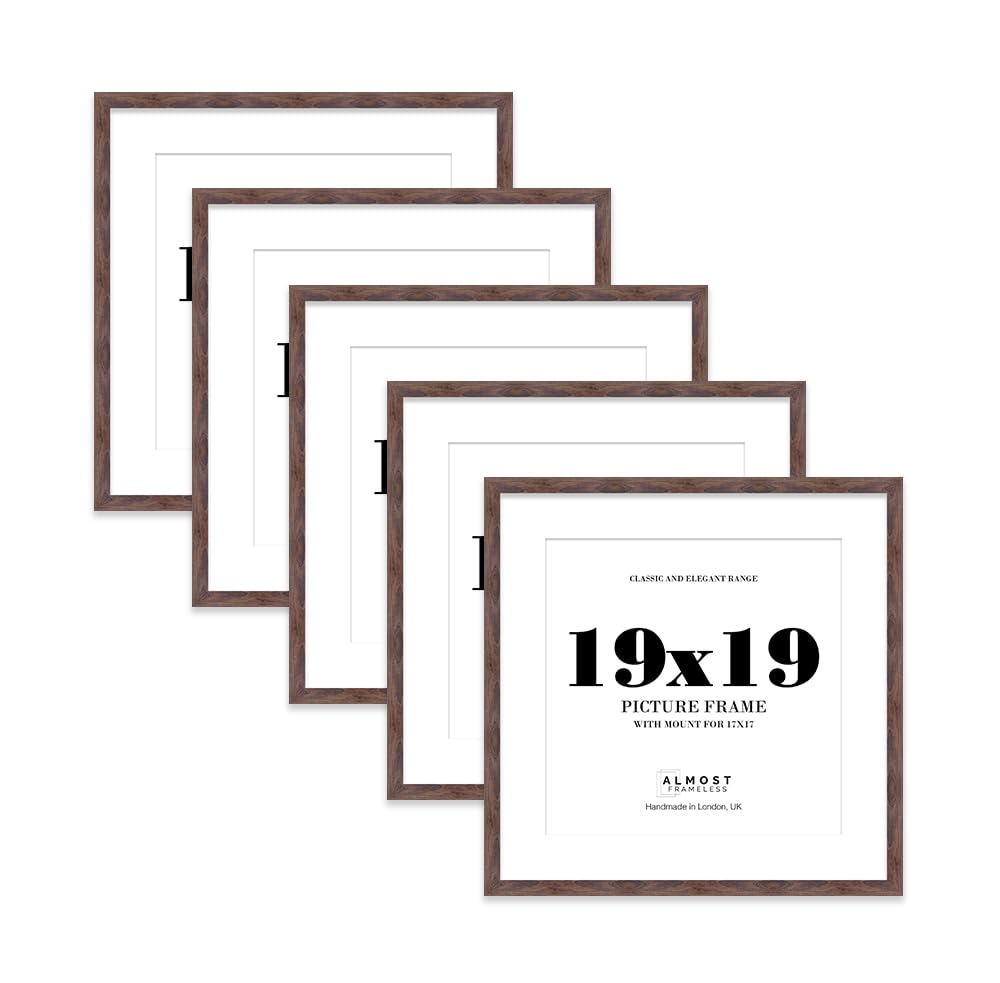 19x19 Walnut Picture Frame with Mount for 17x17 Photos, Prints - Modern Square Wall Frame, Set of 5