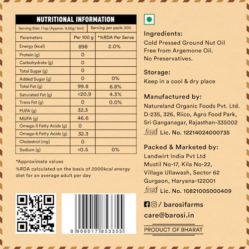 Image of BAROSI [Cold Pressed Groundnut Oil - 1L] | Kachi Ghani Peanut Oil |Pure, Natural & Organic, Unrefined Wood Pressed for Healthy Cooking| Helps Lower Cholesterol, Goodness of Omega 6 & Authentic Seed Flavour