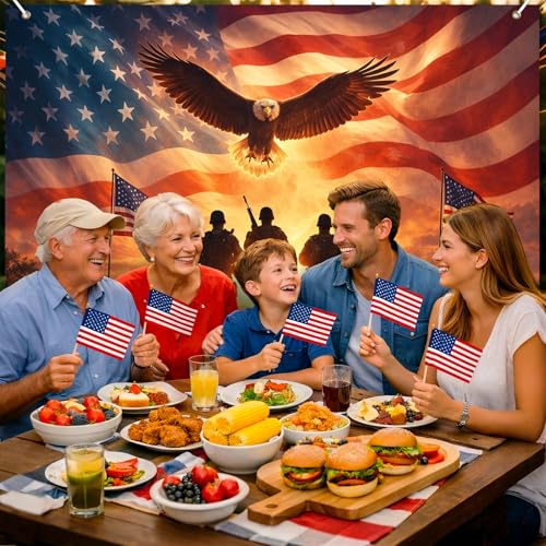 Image of BlissYard Patriotic Backdrop American Flag Eagle 8x6ft | Patriotic Backdrop with American Flag Eagle Independence Day Memorial Day for Veterans Memorial Independence Party Decor