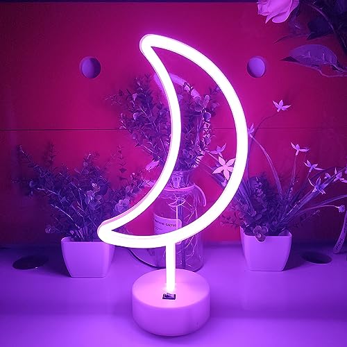 Image of JYWJ Monn LED Neon Light with Holder Base Desktop Wall Decoration Signs | Holder Base Included, Desktop Display, Wall Mountable, Decorative Lighting, LED Neon Design