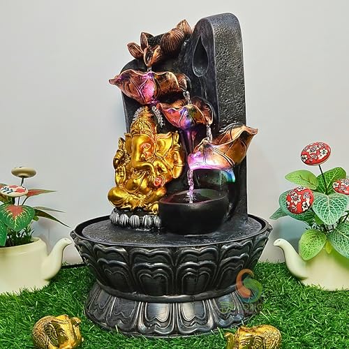 Image of Ganehsa Decorative Table Top Water Fountain for Home Decor /Office /Indoor & Outdoor /Garden /Puja Room /Vaastu with Multicolor LED Light and Adjustable Water Pump (Black & Gray D-22)