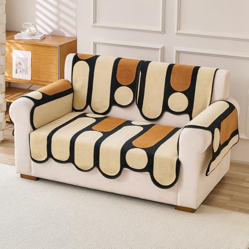 Image of HOKIPO 'Moderna Curves' Complete Sofa Cover Set (Seat+Back+Arm) for 2 Seater Sofa | All Season Sofa Cover Mat with Anti Slip Backing, Oyster Beige (AR-6123+AR-6120 * 2+AR-6309 * 2)