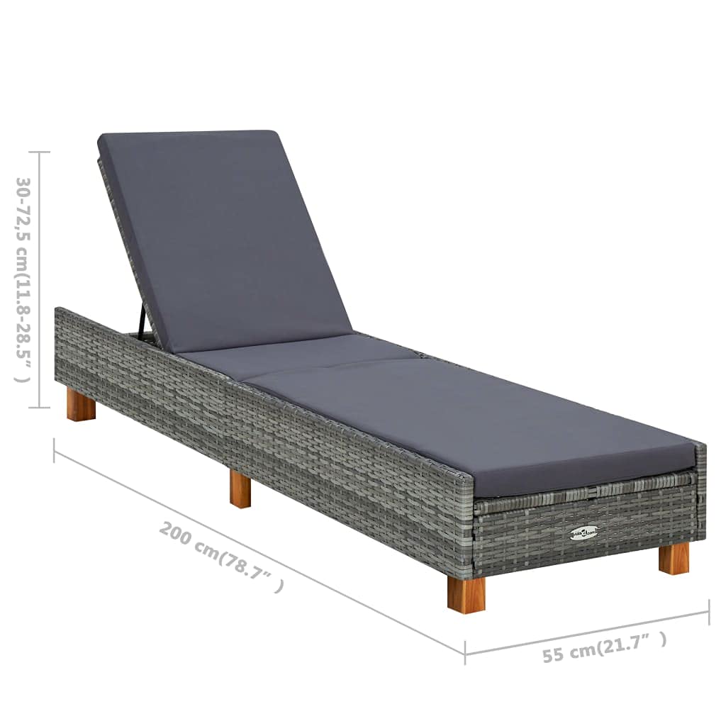 Leżak ogrodowy z polirattanu PE, szary, z tapicerką 6 cm, 200 x 55 x 30 72,5 cm, regulowane oparcie na balkon, taras, basen, relaks