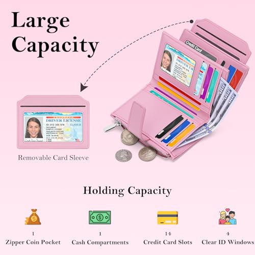 BIAOTIE Wallet Women Leather Bifold Womens Wallet RFID Blocking Credit Card Wallets for Women with Zip Coin Pocket (Pink)2