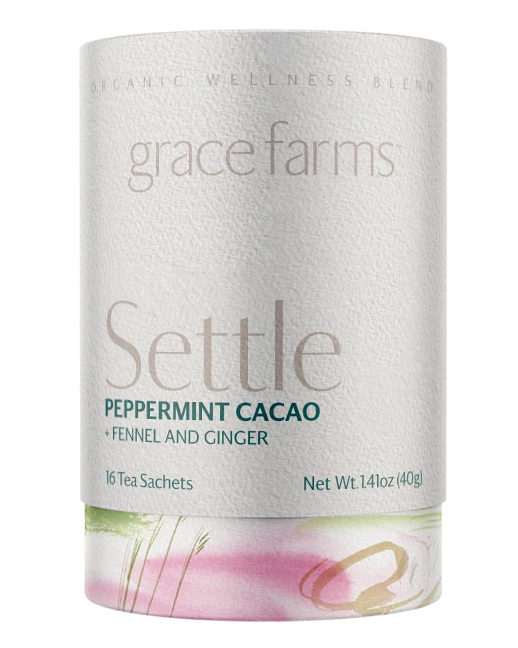 Grace Farms SETTLE Wellness Organic Tea Blend (16 Pyramid Sachets) | Peppermint Cacao | Relaxing and Digestive Support | Fairtrade and Kosher | Filled With Antioxidants and Stress-Relieving Herbs | Gives Back 100% of ProfitsUSDA OrganicFairtrade InternationalFairtrade InternationalFairtrade InternationalFairtrade International