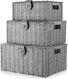 Unibos | Woven Wicker Hamper Basket | Comes with Lid & Lock | Decorative Storage Box | Resin Shelf Storage Baskets | for Organizing Toys, Clothes, Office etc | Insert Handles | Set of 3 |