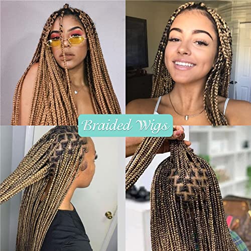 Humistwbiu Braided Wigs For Black Women Full Double Lace Front Square Knotless Box Braid Wig With Baby Hair Japan-Made Lightweight Synthetic Ombre Light Brown Hand Braided Wigs 36 Inch (1B/27) #TOP6