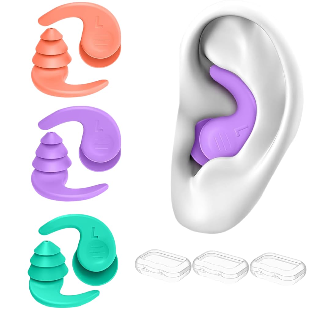 3 Pairs Swimming Ear Plugs for Adults，Silicone Waterproof Reusable Swim Earplugs for Surfing, Showering，Water Sports and Swimming Ear Plugs Adults. (Pink + Orange + Green, Adults & Teens)