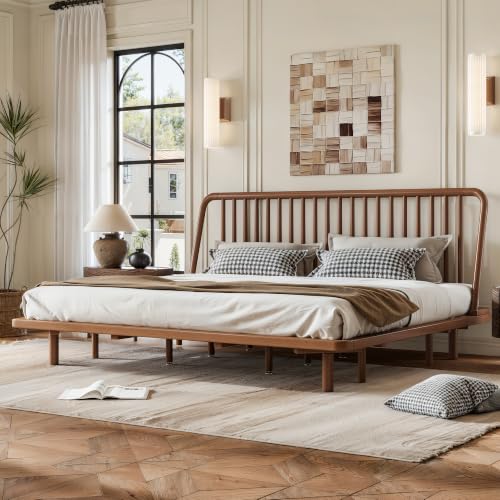 Image of Bellemave King Size Bamboo Bed Frame with Slatted Slanted Headboard,Brown