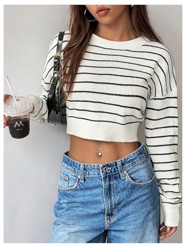Verdusa Women's Striped Y2k Crop Sweaters Crew Neck Long Sleeve Pullover Knitted Tops4